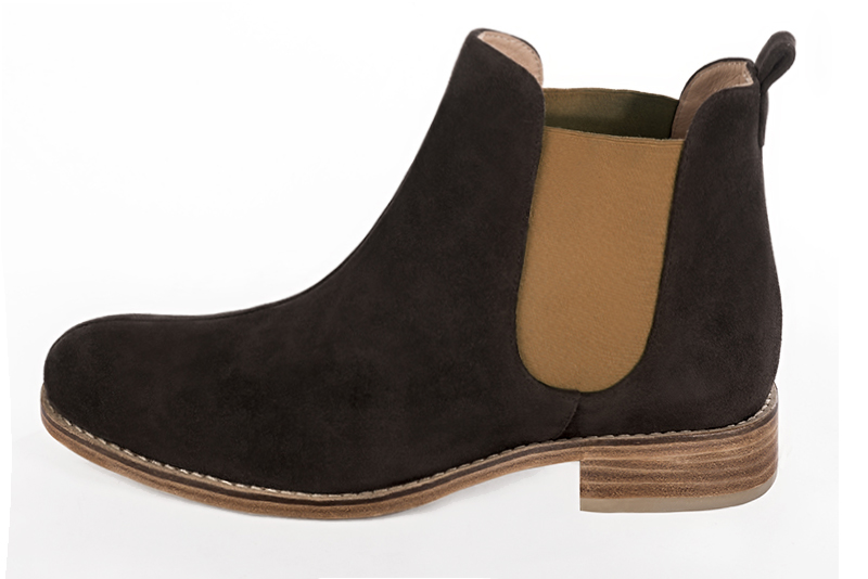 Dark brown and camel beige dress booties for men. Round toe. Flat leather soles. Profile view - Florence KOOIJMAN